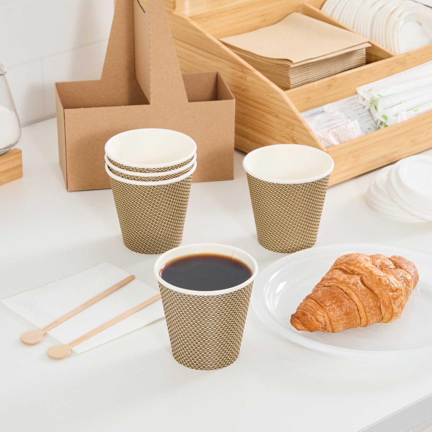 Restpresso 8 oz Mocha Pin Check Paper Coffee Cup - Spiral Wall - 3 1/2" x 3 1/2" x 3 1/4" - 25 count box