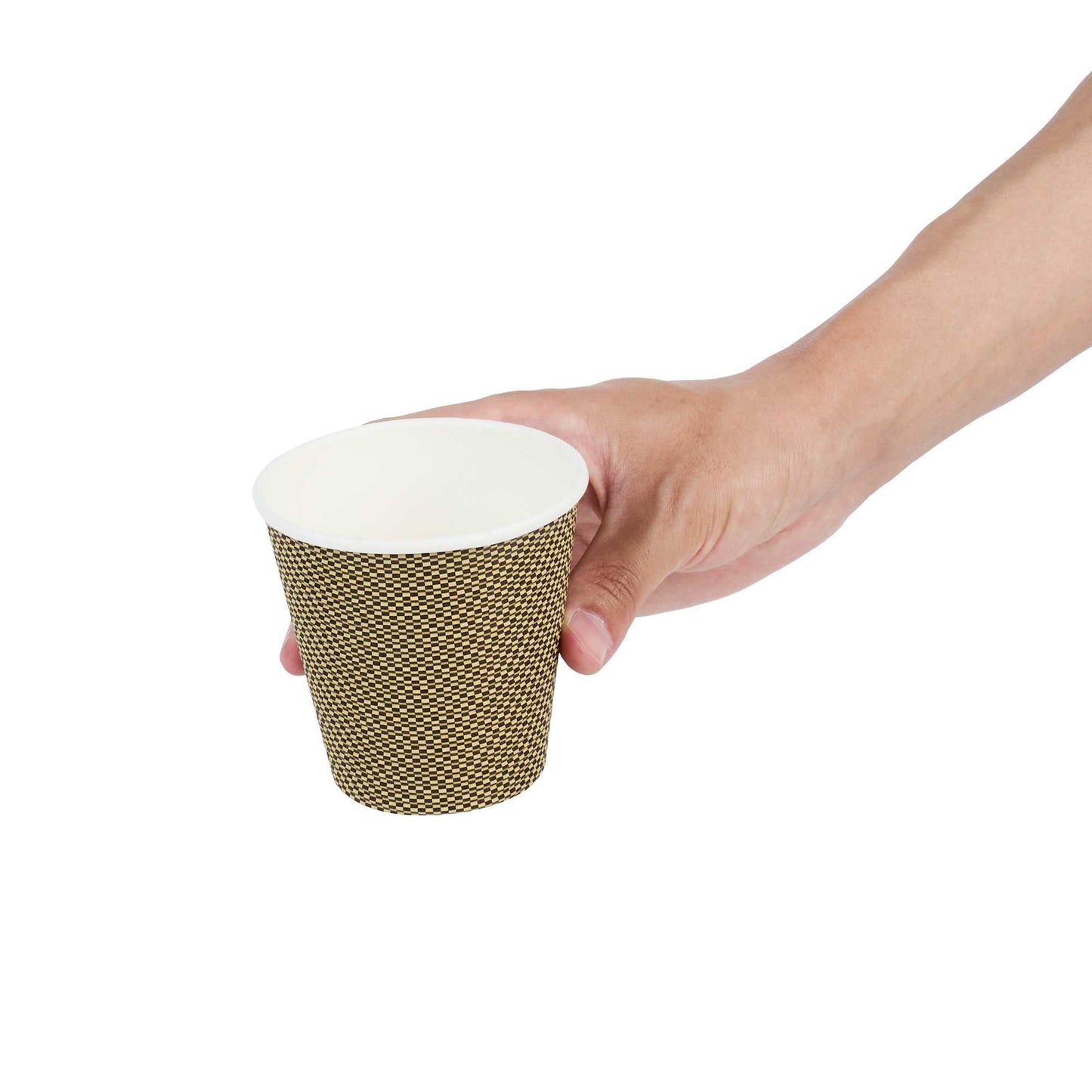 Restpresso 8 oz Mocha Pin Check Paper Coffee Cup - Spiral Wall - 3 1/2" x 3 1/2" x 3 1/4" - 25 count box