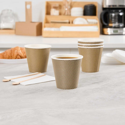 Restpresso 8 oz Mocha Pin Check Paper Coffee Cup - Spiral Wall - 3 1/2" x 3 1/2" x 3 1/4" - 500 count box