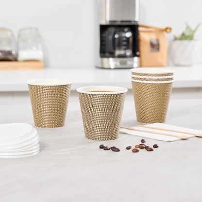 Restpresso 8 oz Mocha Pin Check Paper Coffee Cup - Spiral Wall - 3 1/2" x 3 1/2" x 3 1/4" - 500 count box
