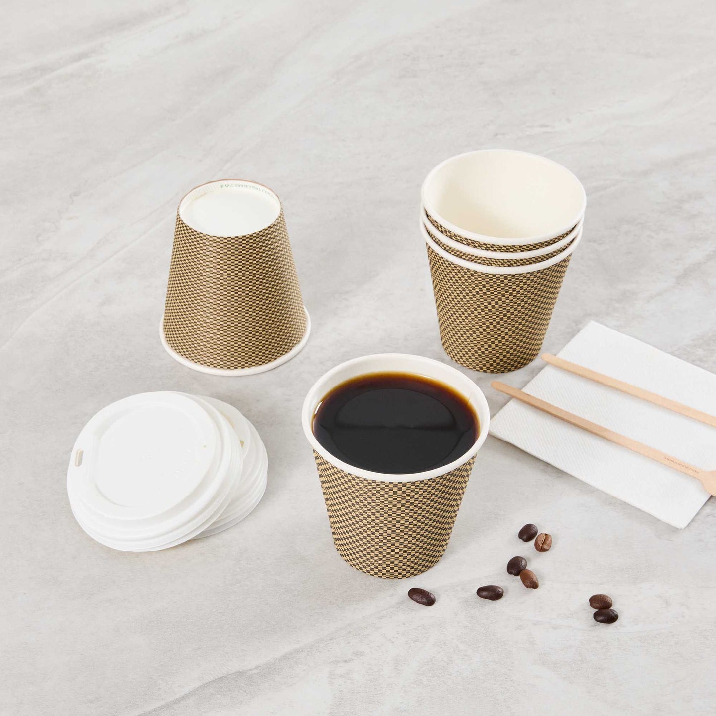 Restpresso 8 oz Mocha Pin Check Paper Coffee Cup - Spiral Wall - 3 1/2" x 3 1/2" x 3 1/4" - 500 count box