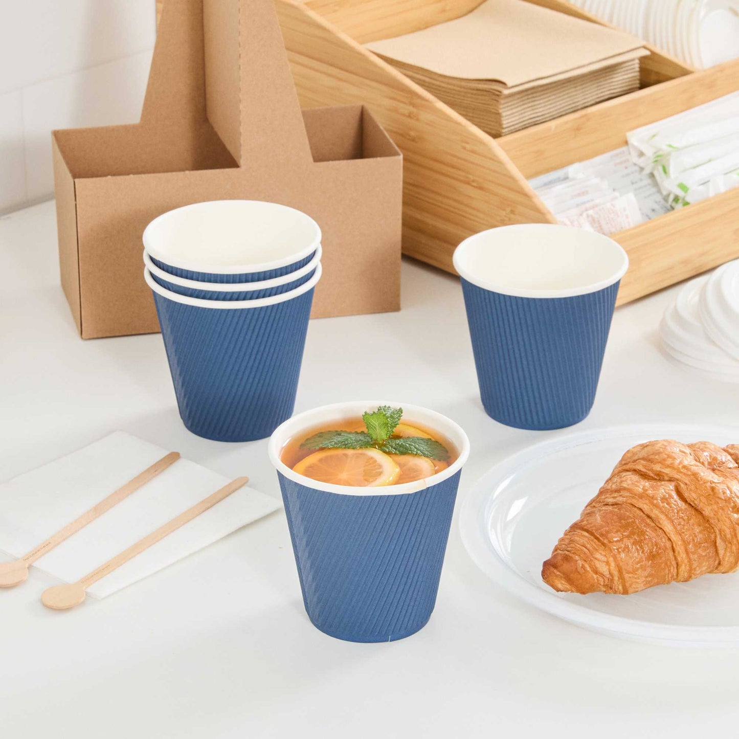 Restpresso 8 oz Midnight Blue Paper Coffee Cup - Ripple Wall - 3 1/2" x 3 1/2" x 3 1/4" - 500 count box