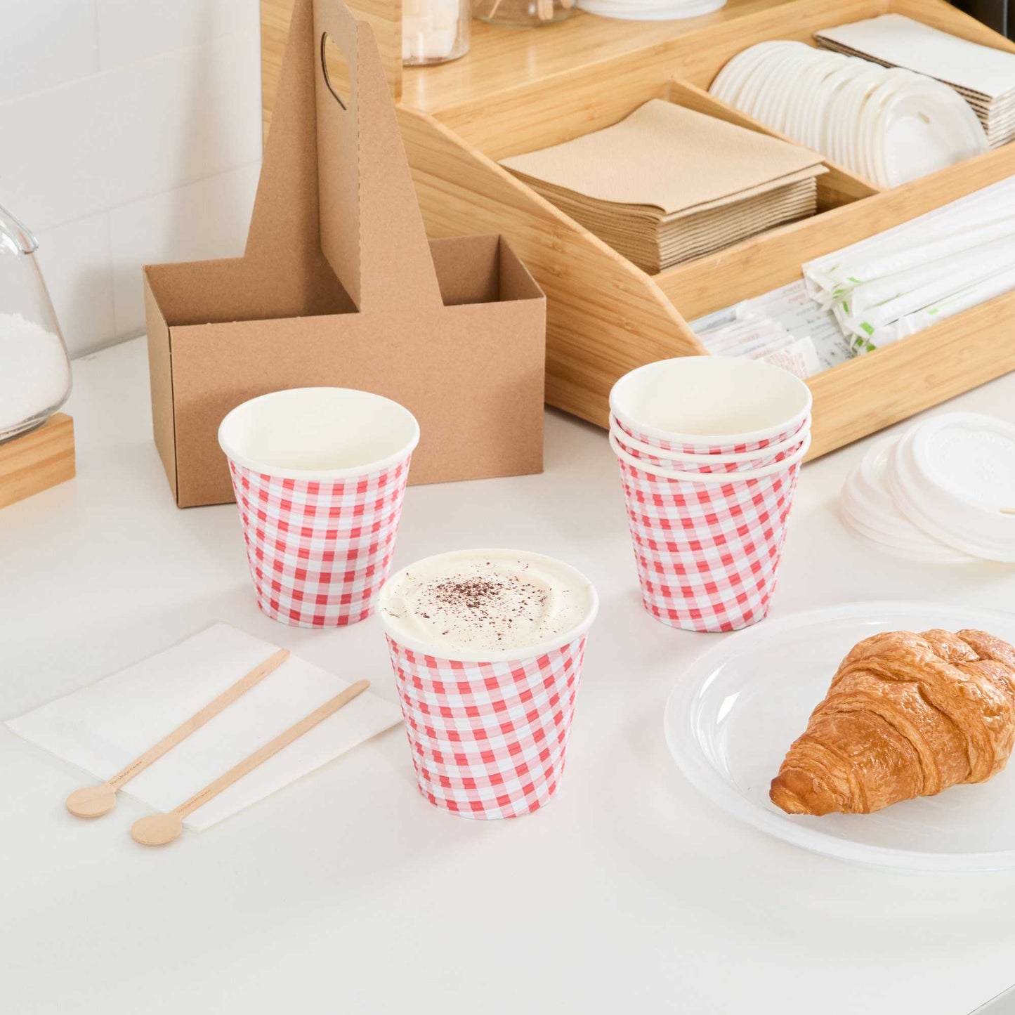 Restpresso 8 oz Picnic Print Paper Coffee Cup - Spiral Wall - 3 1/2" x 3 1/2" x 3 1/4" - 25 count box