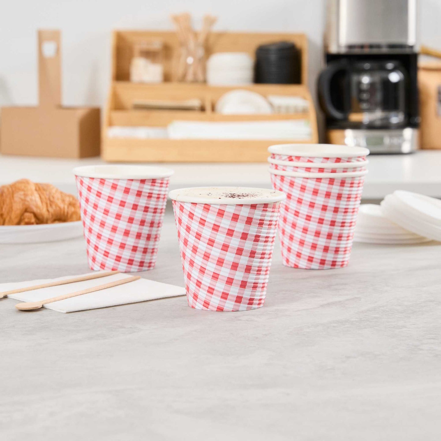 Restpresso 8 oz Picnic Print Paper Coffee Cup - Spiral Wall - 3 1/2" x 3 1/2" x 3 1/4" - 25 count box
