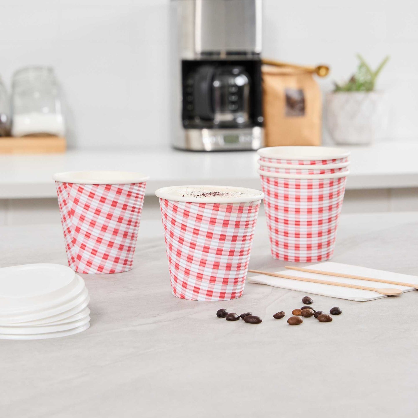 Restpresso 8 oz Picnic Print Paper Coffee Cup - Spiral Wall - 3 1/2" x 3 1/2" x 3 1/4" - 25 count box