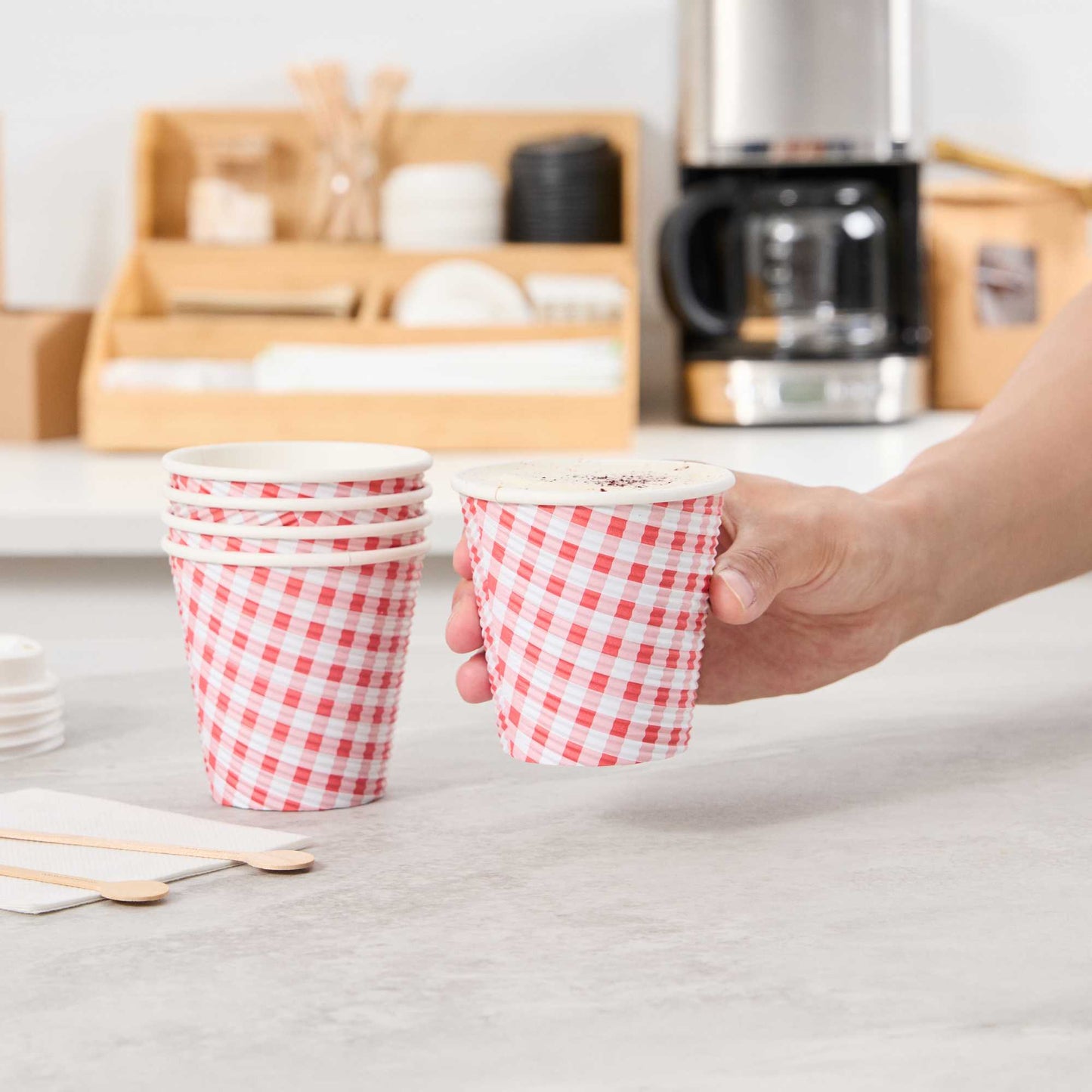 Restpresso 8 oz Picnic Print Paper Coffee Cup - Spiral Wall - 3 1/2" x 3 1/2" x 3 1/4" - 500 count box