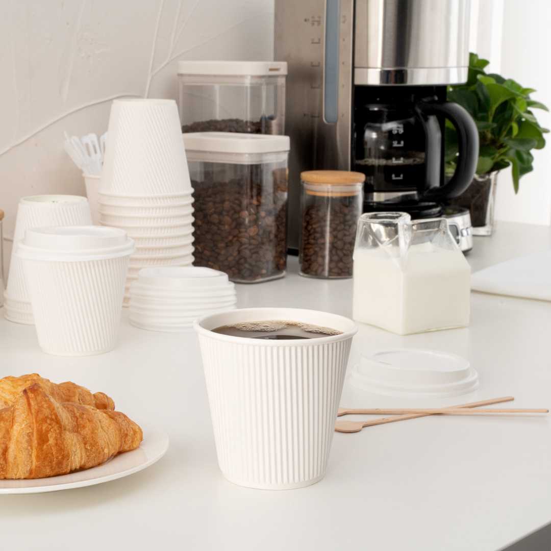 Restpresso 8 oz White Paper Coffee Cup - Ripple Wall - 3 1/2" x 3 1/2" x 3 1/4" - 500 count box