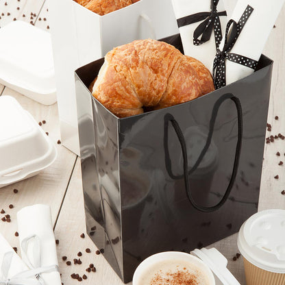 Vogue Rectangle Black Paper Extra Small Shopping and Take Out Bag - Glossy, Rope Handles - 5" x 3" x 5 1/2" - 10 count box