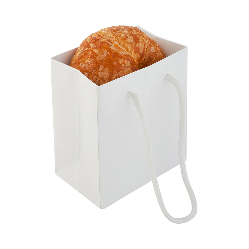 Vogue Rectangle White Paper Extra Small Shopping and Take Out Bag - Glossy, Rope Handles - 5" x 3" x 5 1/2" - 10 count box
