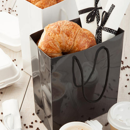 Vogue Rectangle Black Paper Small Shopping and Take Out Bag - Glossy, Rope Handles - 6 1/2" x 3 1/4" x 7 1/2" - 10 count box