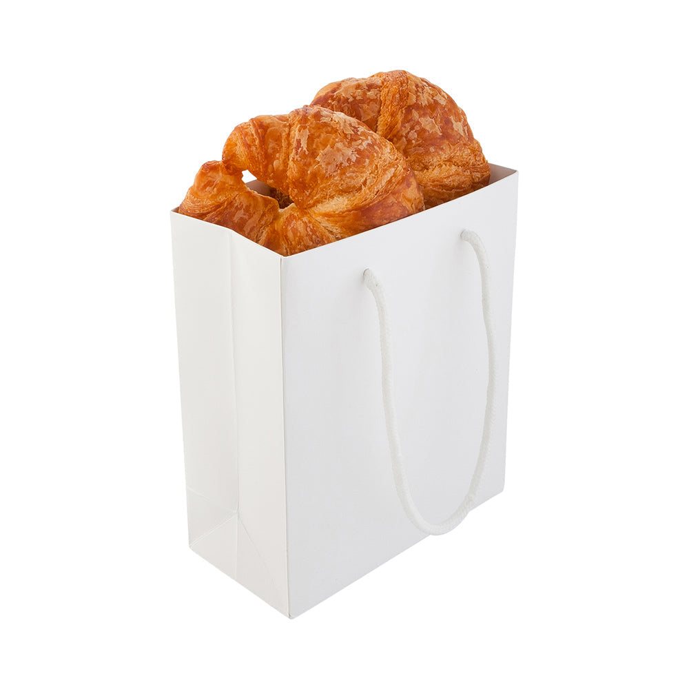 Vogue Rectangle White Paper Small Shopping and Take Out Bag - Glossy, Rope Handles - 6 1/2" x 3 1/4" x 7 1/2" - 10 count box