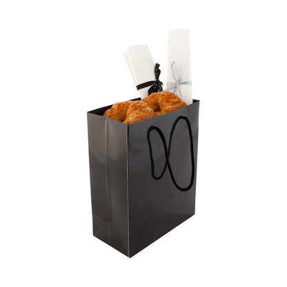 Vogue Rectangle Black Paper Large Shopping and Take Out Bag - Glossy, Rope Handles - 9 1/2" x 4" x 14" - 10 count box