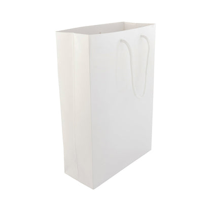 Vogue Rectangle White Paper Large Shopping and Take Out Bag - Glossy, Rope Handles - 9 1/2" x 4" x 14" - 10 count box