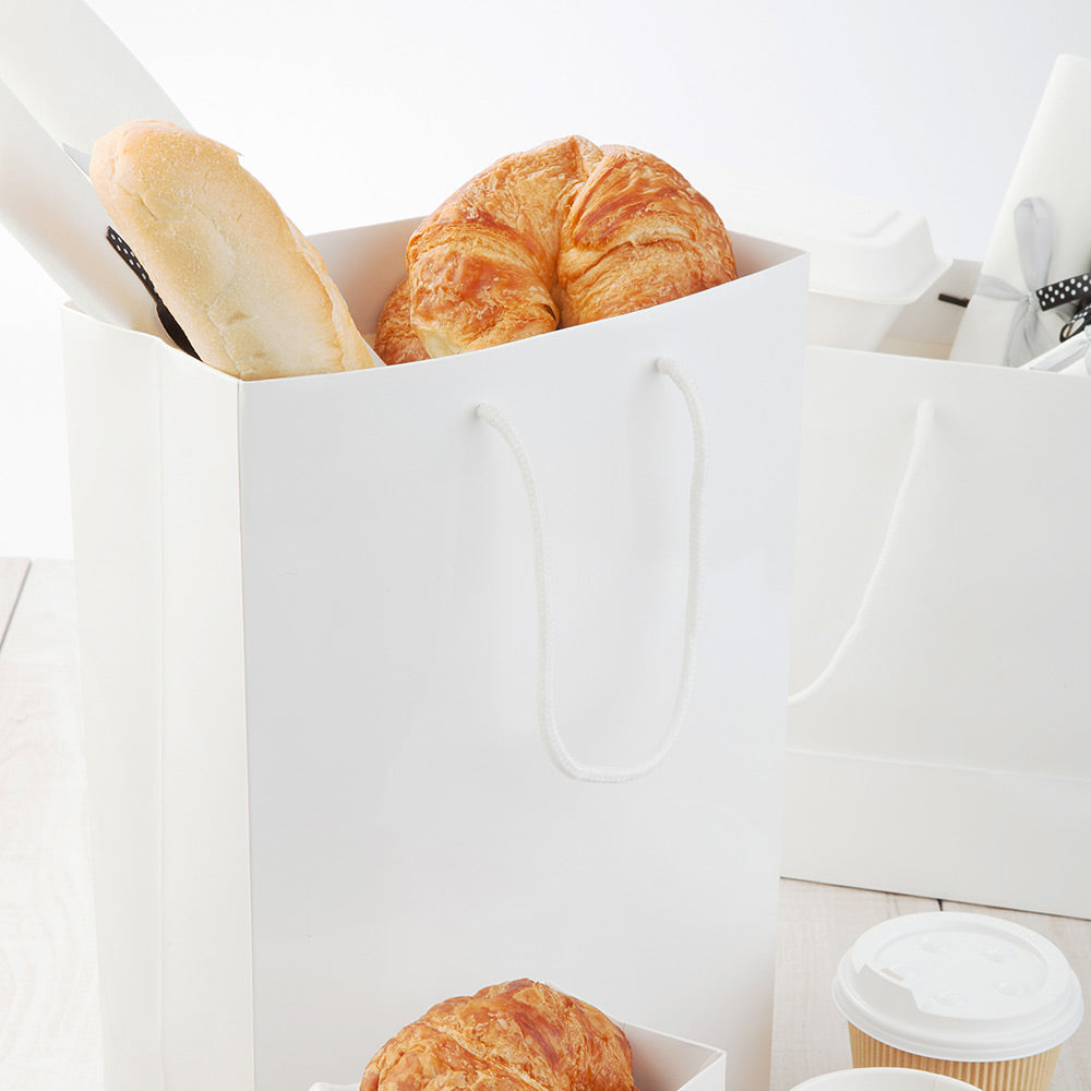 Vogue Rectangle White Paper Large Shopping and Take Out Bag - Glossy, Rope Handles - 9 1/2" x 4" x 14" - 10 count box