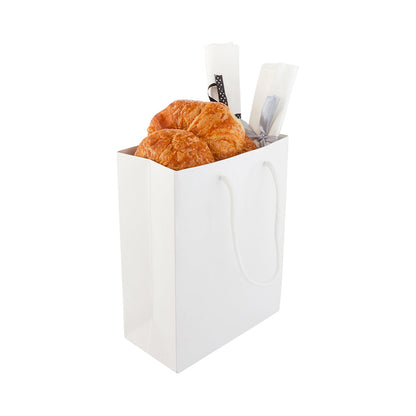Vogue Rectangle White Paper Medium Shopping and Take Out Bag - Glossy, Rope Handles - 8" x 4" x 10" - 10 count box
