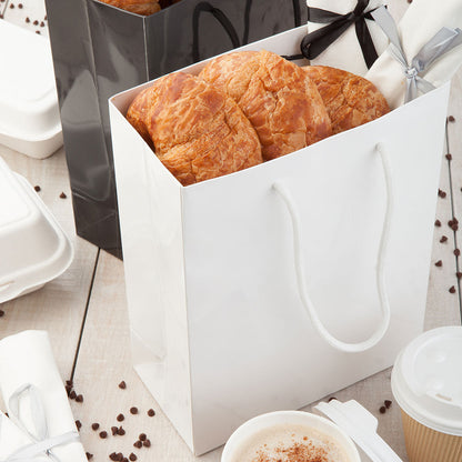 Vogue Rectangle White Paper Medium Shopping and Take Out Bag - Glossy, Rope Handles - 8" x 4" x 10" - 10 count box