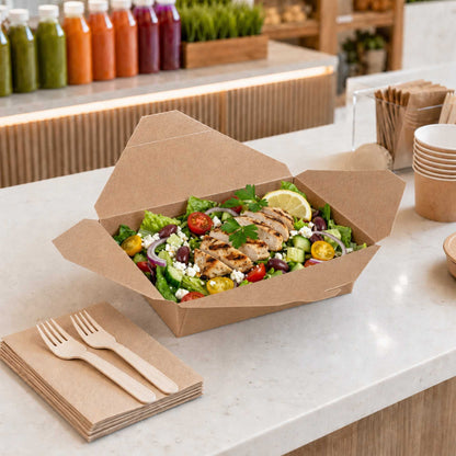 Bio Tek 49 oz Rectangle Kraft Paper #2 Bio Box Take Out Container - 8 1/2" x 6 1/4" x 2" - 50 count box