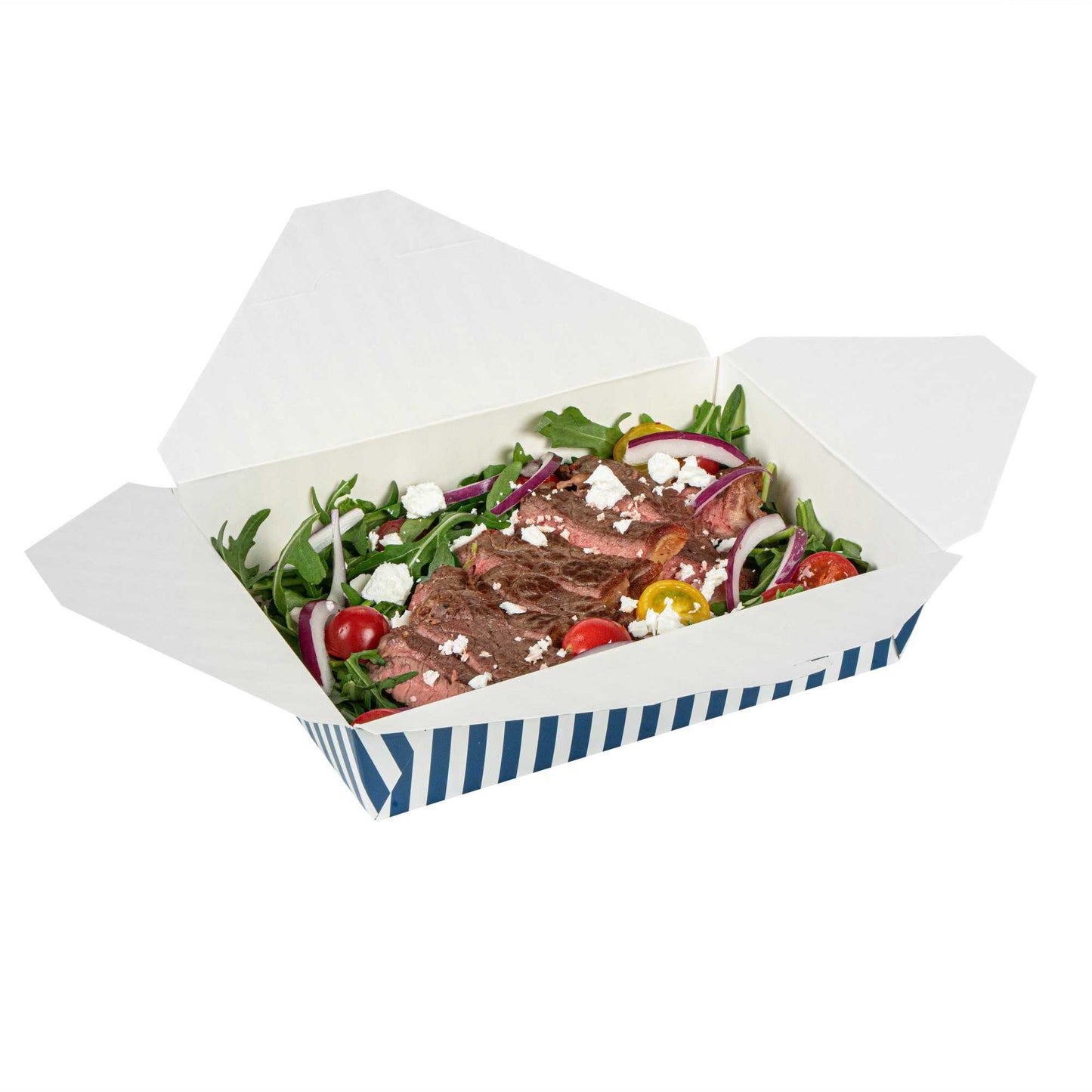 Bio Tek 49 oz Rectangle Blue and White Stripe Paper #2 Bio Box Take Out Container - 8 1/2" x 6 1/4" x 2" -50 count box