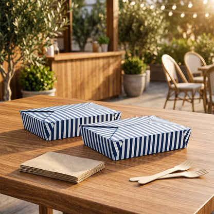 Bio Tek 49 oz Rectangle Blue and White Stripe Paper #2 Bio Box Take Out Container - 8 1/2" x 6 1/4" x 2" -50 count box