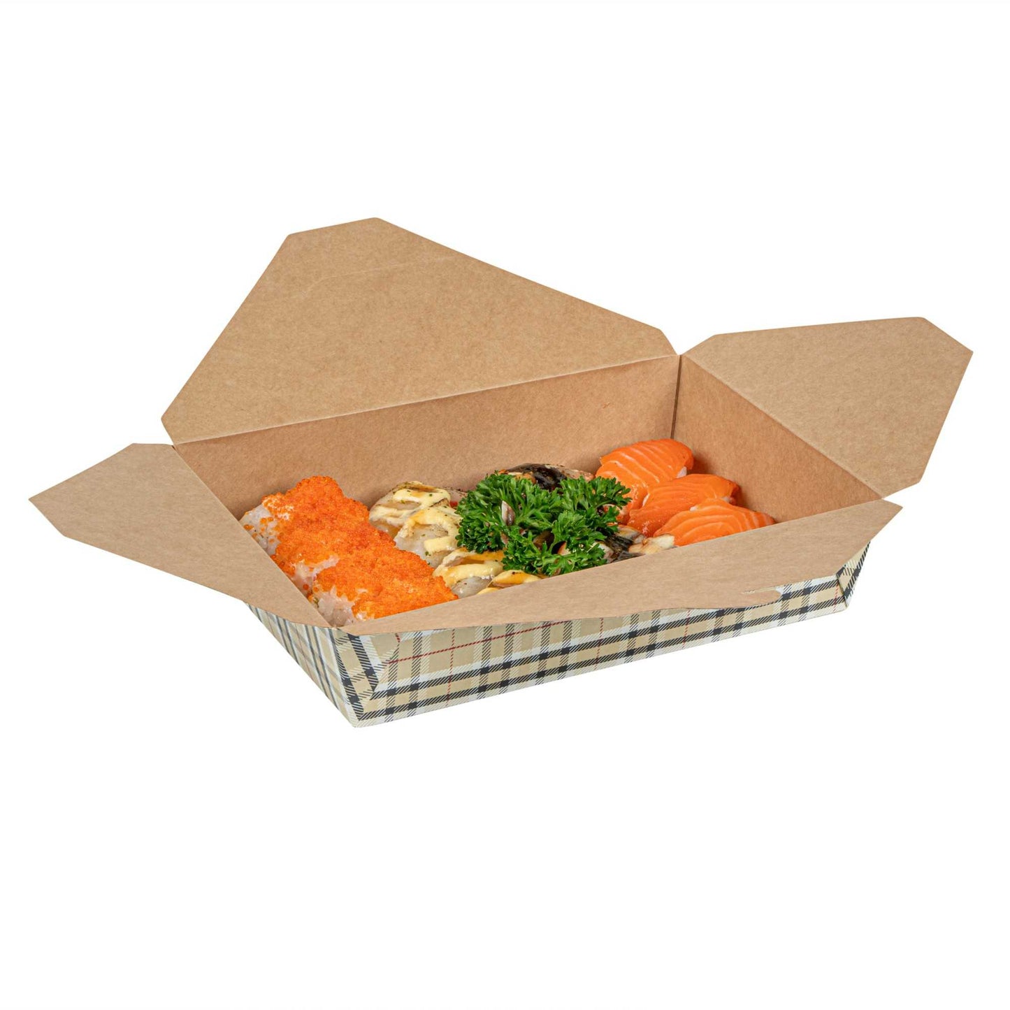 Bio Tek 49 oz Rectangle Plaid Paper #2 Bio Box Take Out Container - 8 1/2" x 6 1/4" x 2" - 200 count box