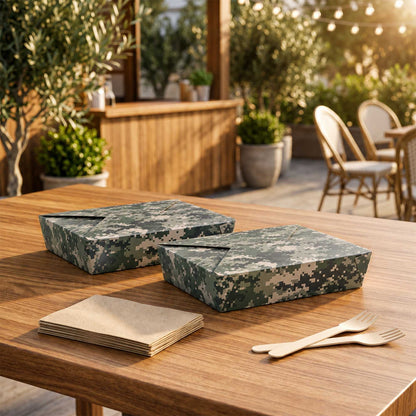 Bio Tek 49 oz Rectangle Camouflage Paper #2 Bio Box Take Out Container - 8 1/2" x 6 1/4" x 2" - 200 count box