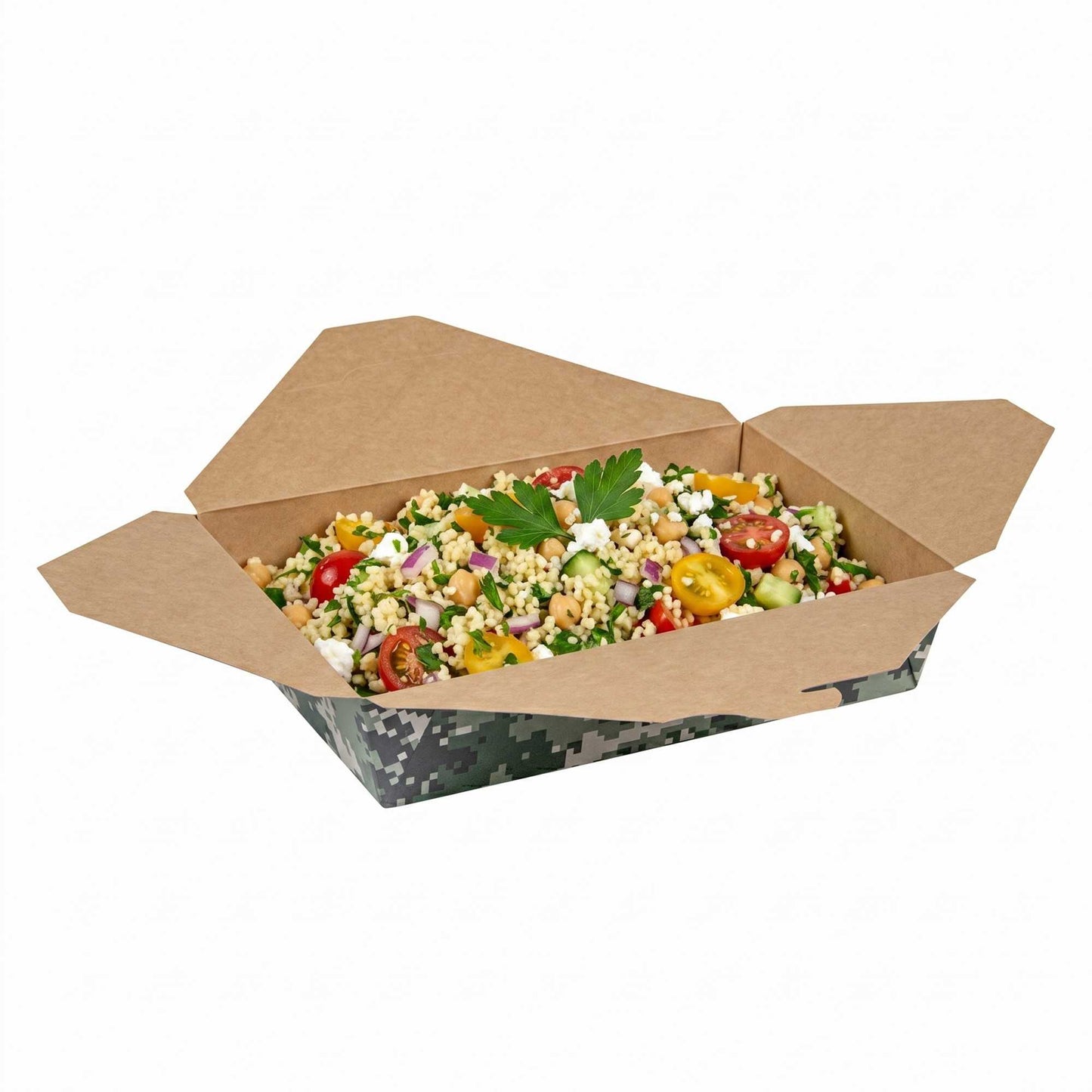 Bio Tek 49 oz Rectangle Camouflage Paper #2 Bio Box Take Out Container - 8 1/2" x 6 1/4" x 2" - 200 count box