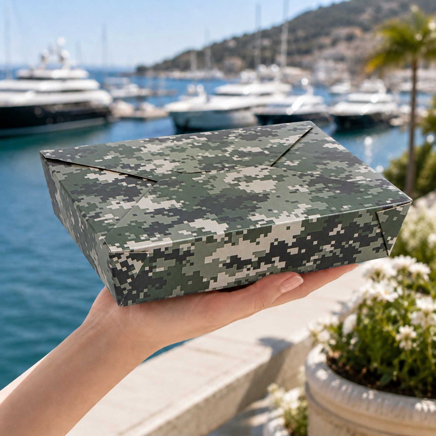 Bio Tek 49 oz Rectangle Camouflage Paper #2 Bio Box Take Out Container - 8 1/2" x 6 1/4" x 2" - 200 count box