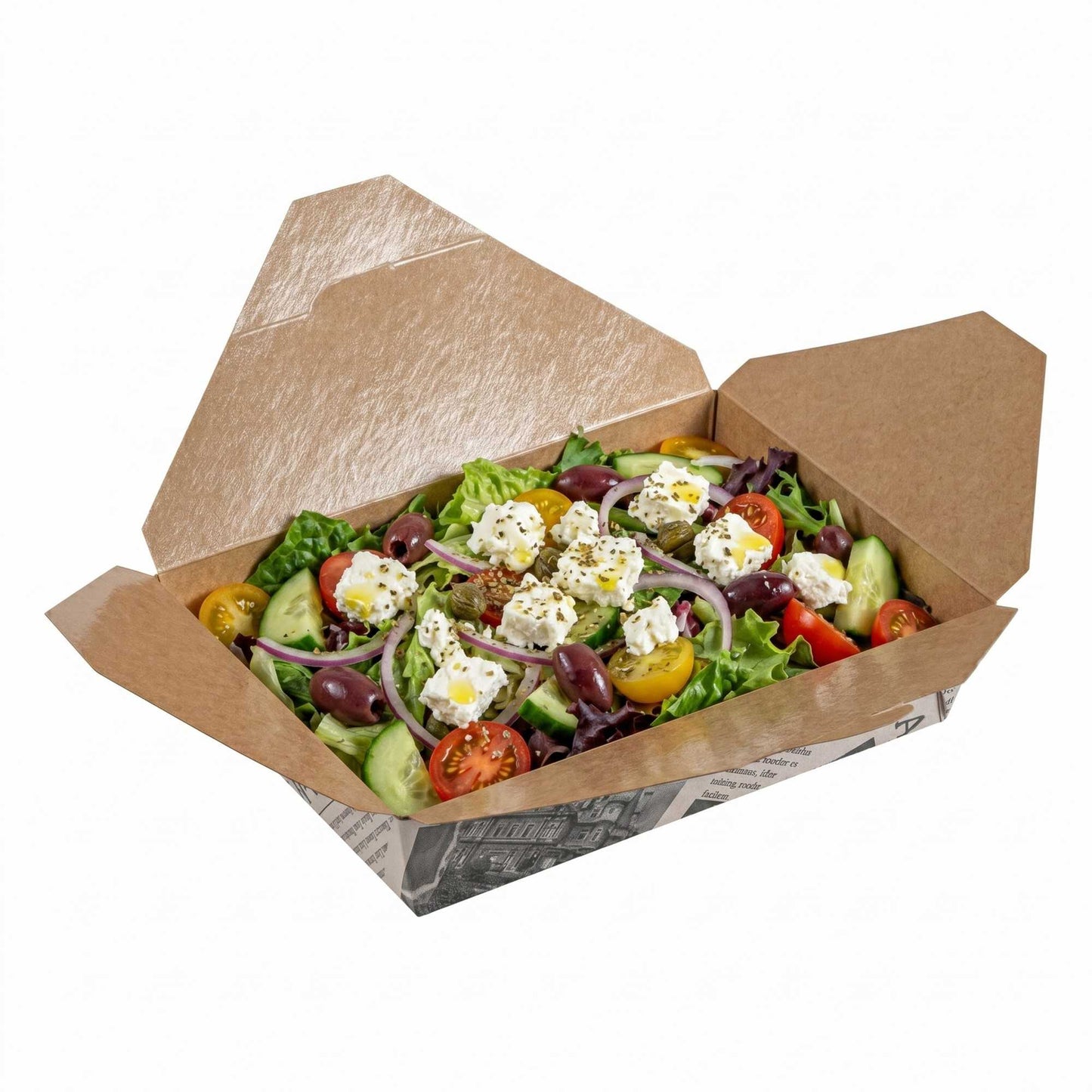 Bio Tek 49 oz Rectangle Newsprint Paper Bio Box Take Out Container - 8 1/2" x 6 1/4" x 2" - 50 count box