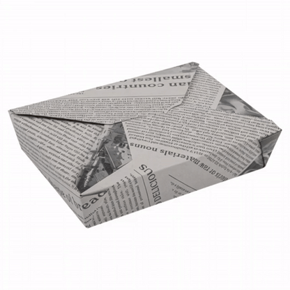 Bio Tek 49 oz Rectangle Newsprint Paper Bio Box Take Out Container - 8 1/2" x 6 1/4" x 2" - 50 count box