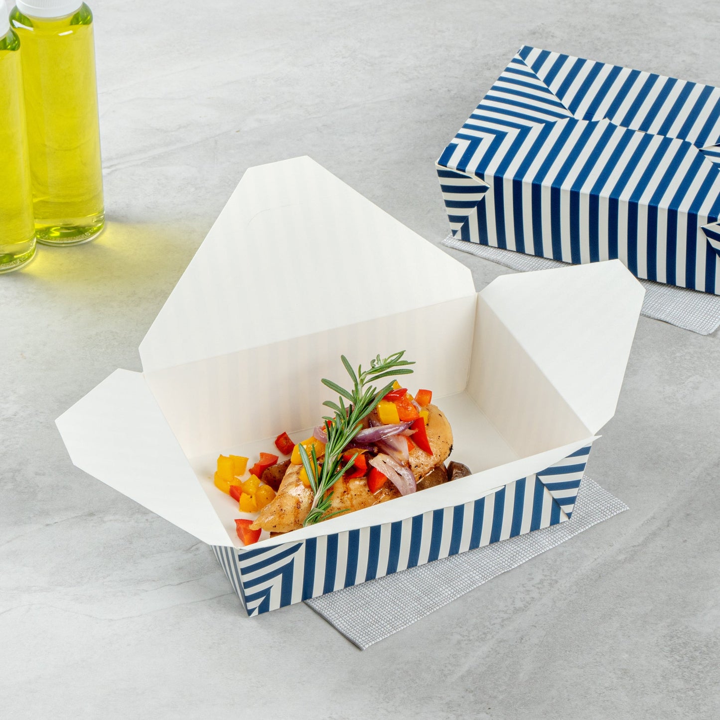 Bio Tek 71 oz Rectangle Blue and White Stripe Paper #3 Bio Box Take Out Container - 8 1/2" x 6 1/4" x 2 1/2" - 200 count box