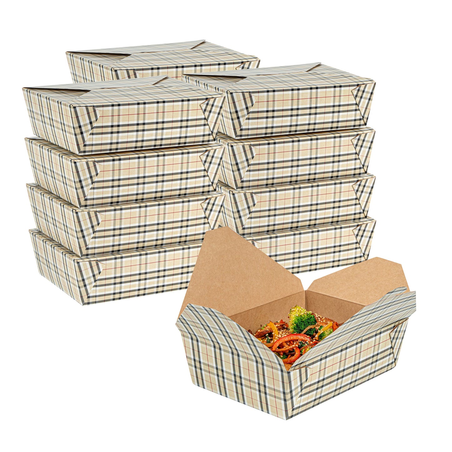 Bio Tek 71 oz Rectangle Plaid Paper #3 Bio Box Take Out Container - 8 1/2" x 6 1/4" x 2 1/2" -50 count box