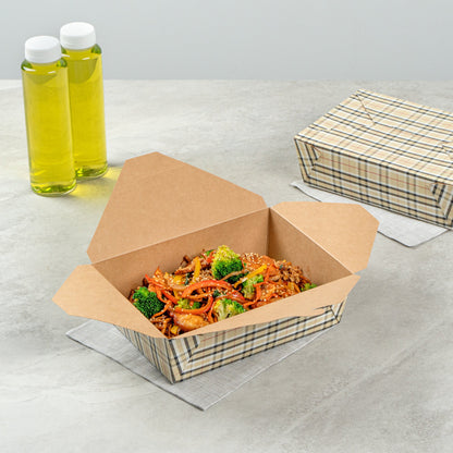 Bio Tek 71 oz Rectangle Plaid Paper #3 Bio Box Take Out Container - 8 1/2" x 6 1/4" x 2 1/2" -50 count box