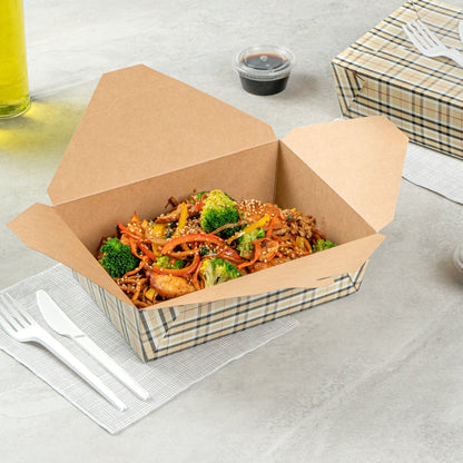 Bio Tek 71 oz Rectangle Plaid Paper #3 Bio Box Take Out Container - 8 1/2" x 6 1/4" x 2 1/2" -50 count box