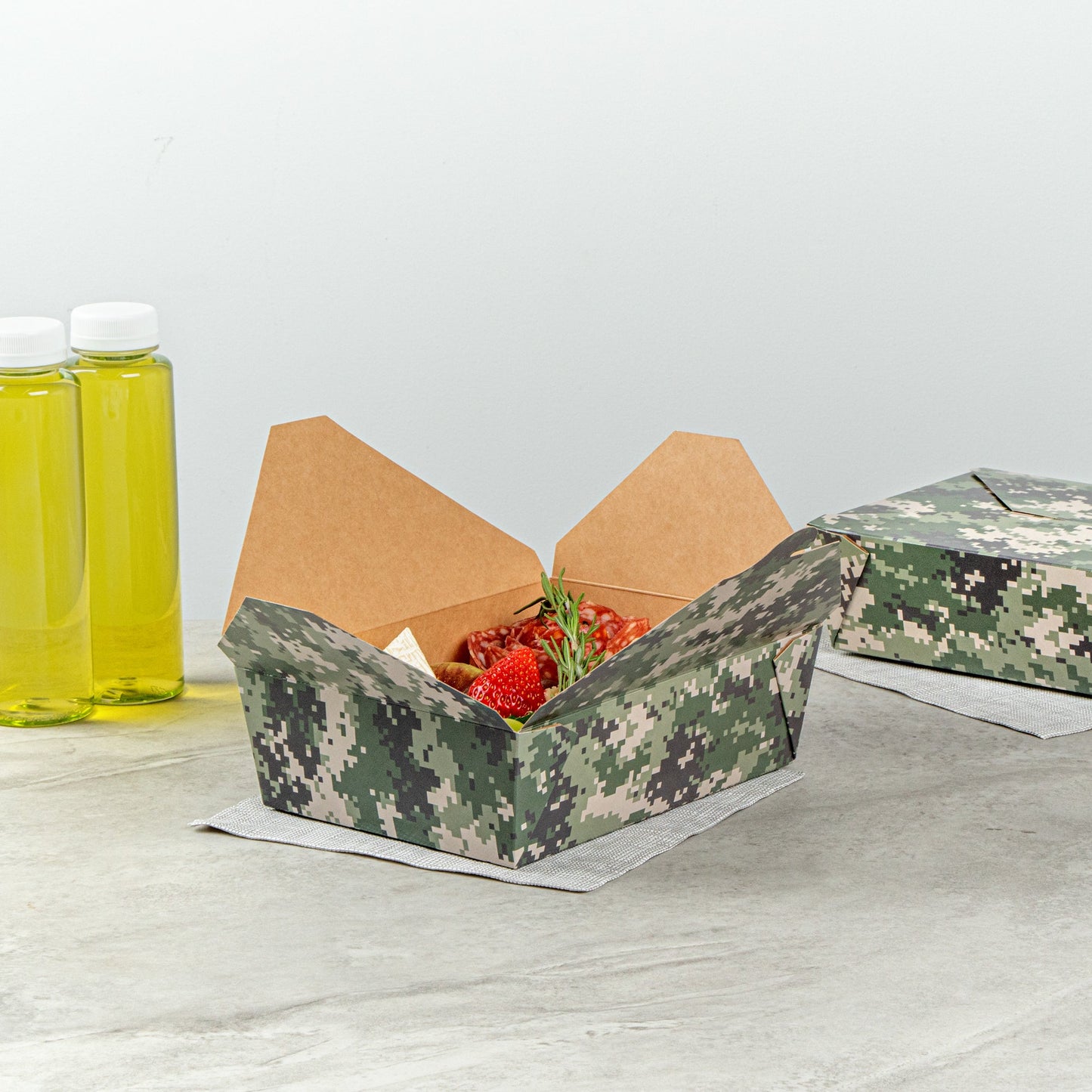 Bio Tek 71 oz Rectangle Camouflage Paper #3 Bio Box Take Out Container - 8 1/2" x 6 1/4" x 2 1/2" - 200 count box