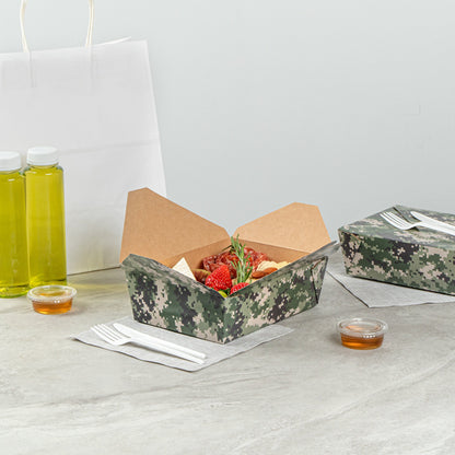 Bio Tek 71 oz Rectangle Camouflage Paper #3 Bio Box Take Out Container - 8 1/2" x 6 1/4" x 2 1/2" - 200 count box