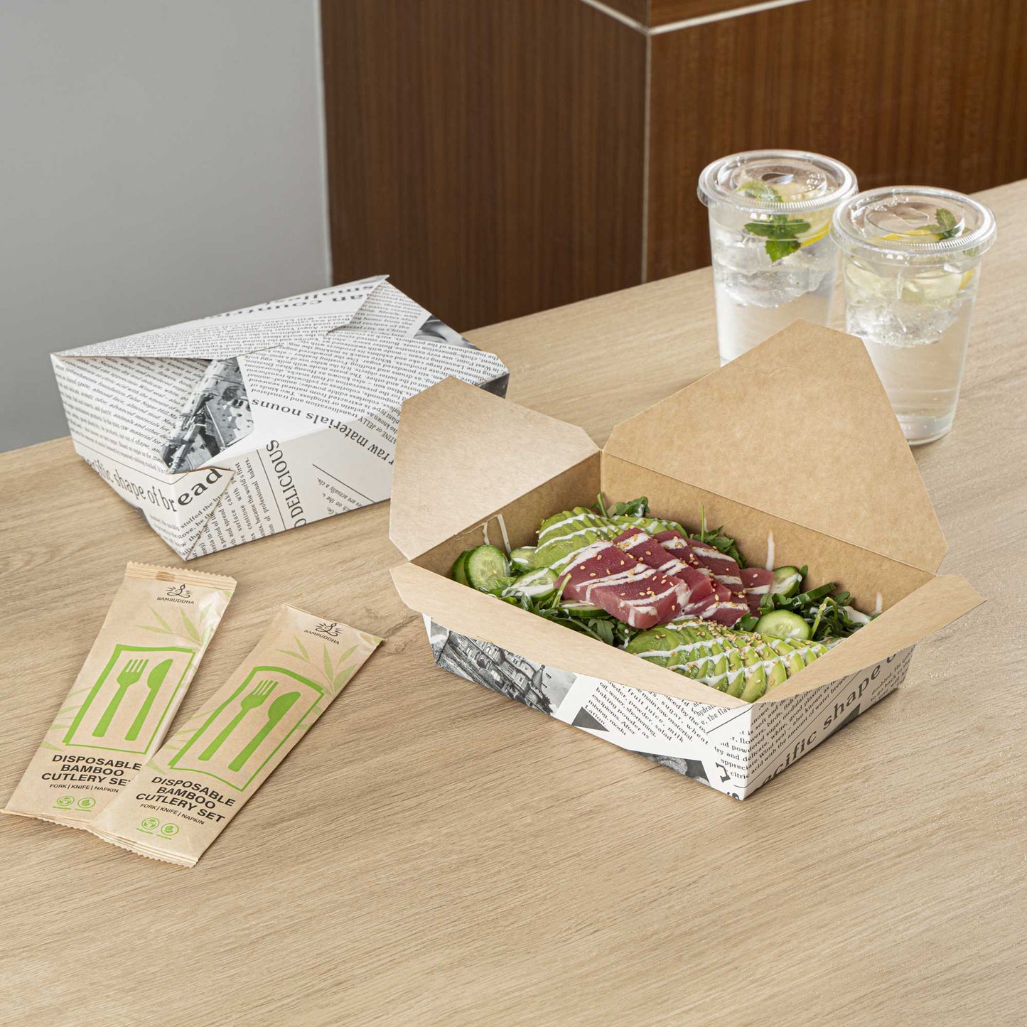 Bio Tek 71 oz Rectangle Newsprint Paper Bio Box Take Out Container - 8 1/2" x 6 1/4" x 2 1/2" - 50 count box