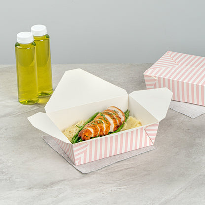 Bio Tek 71 oz Rectangle Pink and White Stripe Paper #3 Bio Box Take Out Container - 8 1/2" x 6 1/4" x 2 1/2" -50 count box