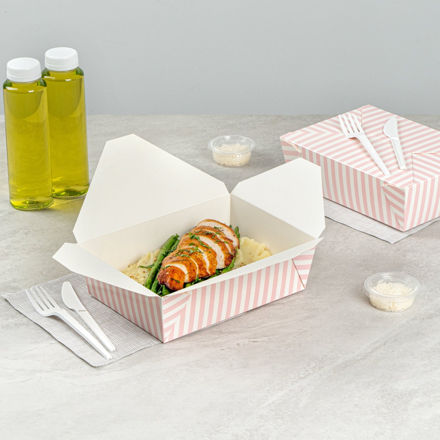 Bio Tek 71 oz Rectangle Pink and White Stripe Paper #3 Bio Box Take Out Container - 8 1/2" x 6 1/4" x 2 1/2" -50 count box