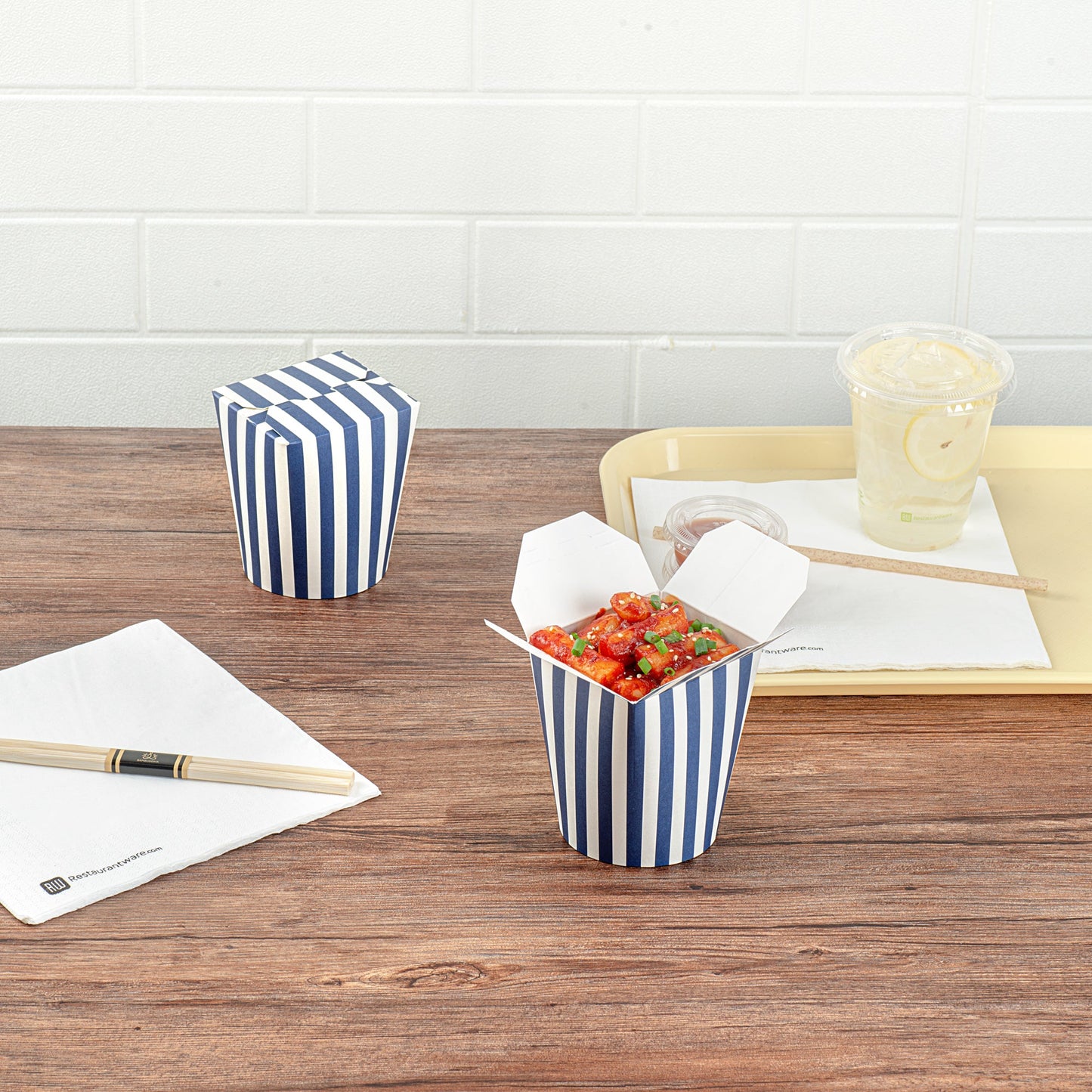 Bio Tek 16 oz Round Blue and White Stripe Paper Noodle Take Out Container - 3 1/4" x 3" x 4" - 200 count box