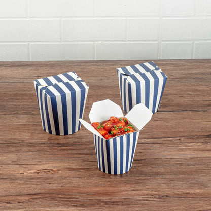 Bio Tek 16 oz Round Blue and White Stripe Paper Noodle Take Out Container - 3 1/4" x 3" x 4" -50 count box