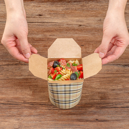 Bio Tek 16 oz Round Plaid Paper Noodle Take Out Container - 3 1/4" x 3" x 4" - 200 count box