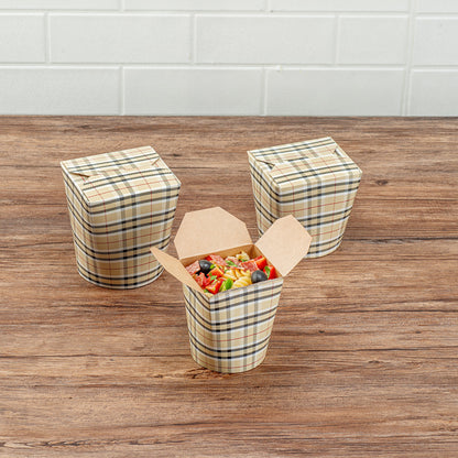 Bio Tek 16 oz Round Plaid Paper Noodle Take Out Container - 3 1/4" x 3" x 4" - 200 count box