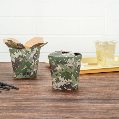 Bio Tek 16 oz Round Camouflage Paper Noodle Take Out Container - 3 1/4" x 3" x 4" -50 count box