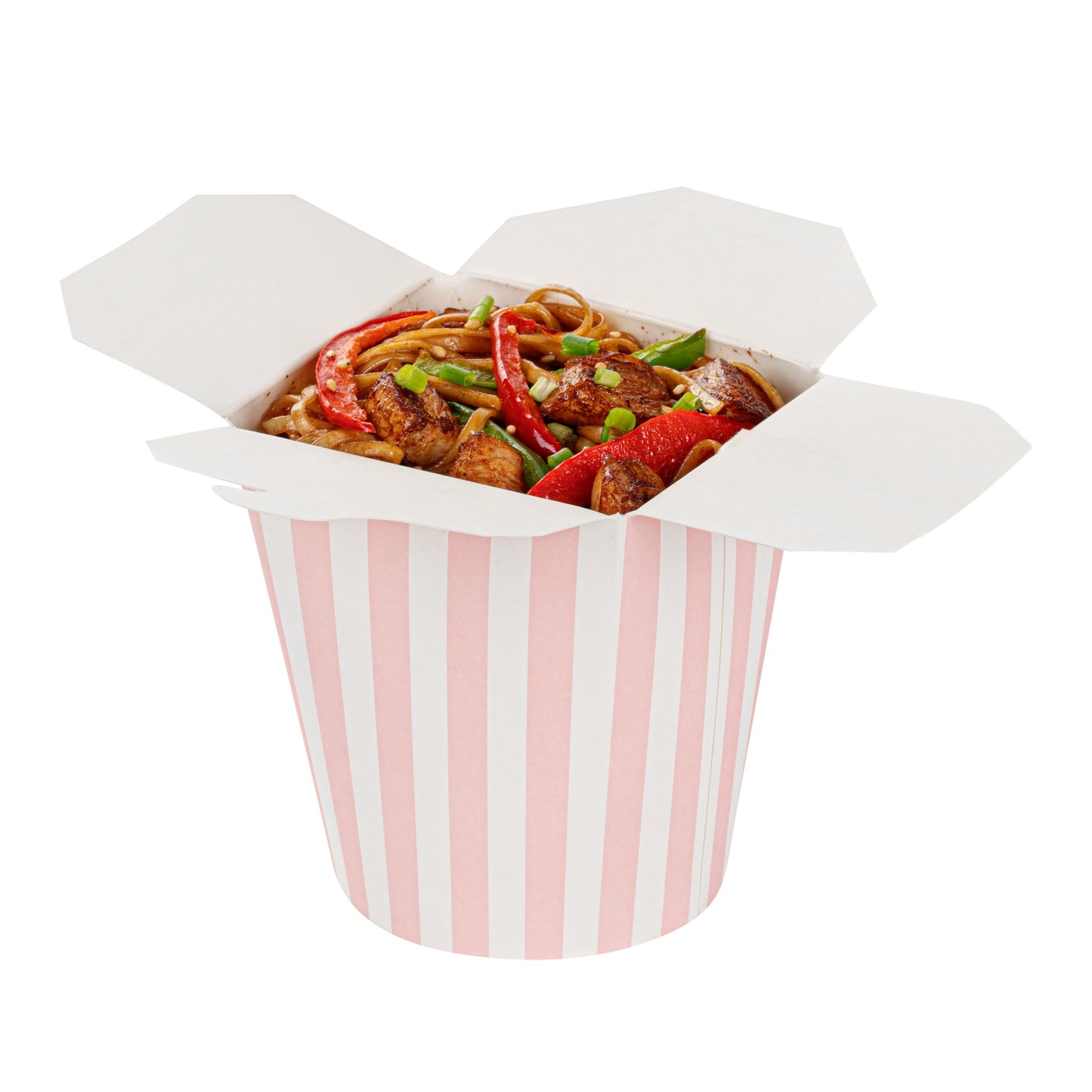 Bio Tek 16 oz Round Pink and White Stripe Paper Noodle Take Out Container - 3 1/4" x 3" x 4" -50 count box