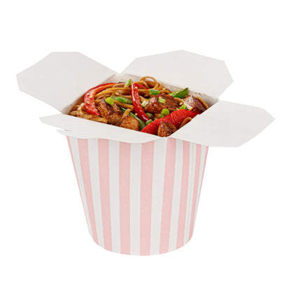 Bio Tek 16 oz Round Pink and White Stripe Paper Noodle Take Out Container - 3 1/4" x 3" x 4" -50 count box