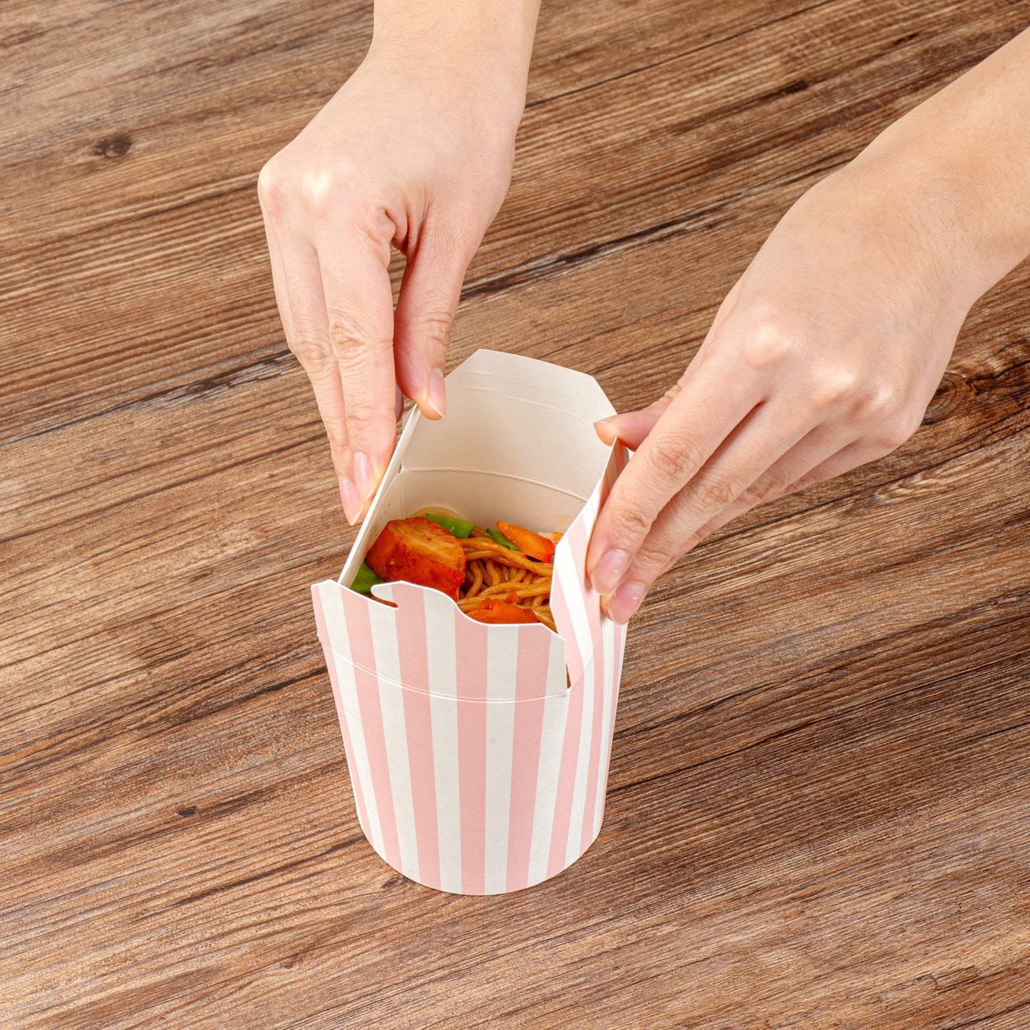 Bio Tek 16 oz Round Pink and White Stripe Paper Noodle Take Out Container - 3 1/4" x 3" x 4" -50 count box