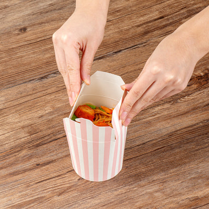 Bio Tek 16 oz Round Pink and White Stripe Paper Noodle Take Out Container - 3 1/4" x 3" x 4" -50 count box