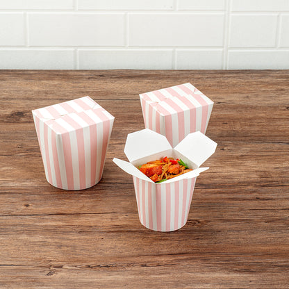 Bio Tek 16 oz Round Pink and White Stripe Paper Noodle Take Out Container - 3 1/4" x 3" x 4" -50 count box