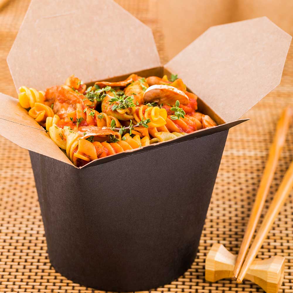 Bio Tek 26 oz Round Black Paper Noodle Take Out Container - 4" x 3 1/2" x 3 3/4" - 50 count box