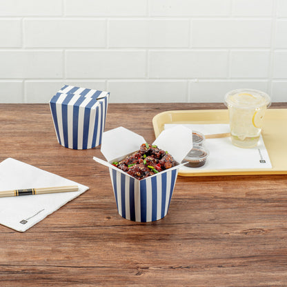 Bio Tek 26 oz Round Blue and White Stripe Paper Noodle Take Out Container - 4" x 3 1/2" x 3 3/4" - 50 count box